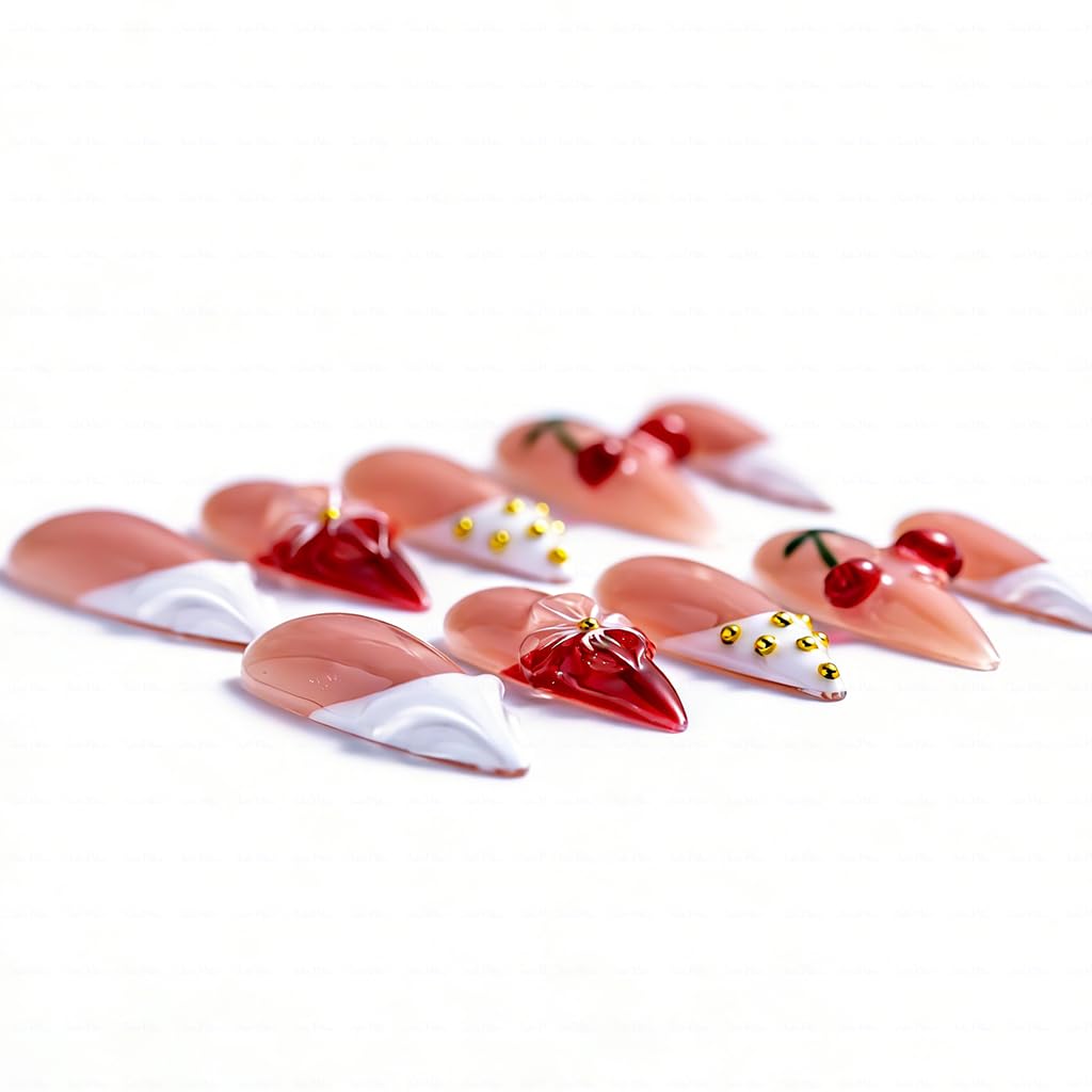 IntoVibes 10 Pieces Handmade Long Almond Press On Nails, White Thickened French False Nails, 3D Flowers And Cherries, Reusable Fake Nails Almond, Reusable Acrylic Nails (S)