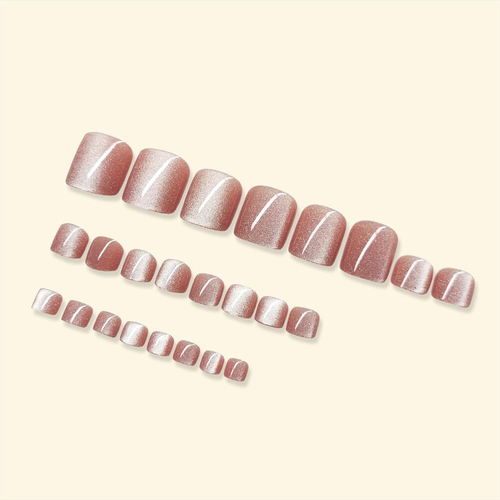 Pink Glitter Press on Toenails Short Square Fake Toe Nails Press ons with Design Full Cover Glossy Summer False Toenails Reusable Shiny Acrylic Stick on Toenails for Women Girls Manicure 24Pcs