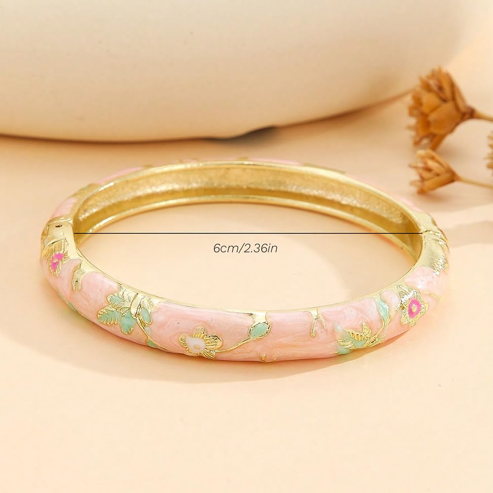 BlingNook Cloisonne Bracelet For Women, Chunky Bangle Trendy Cute Flower Enamel Bangles Multi Tone Engraved Cuff Gold Plated Bracelets Stackable Wife Jewelry Friendship Gift (Dark Red, One Size)