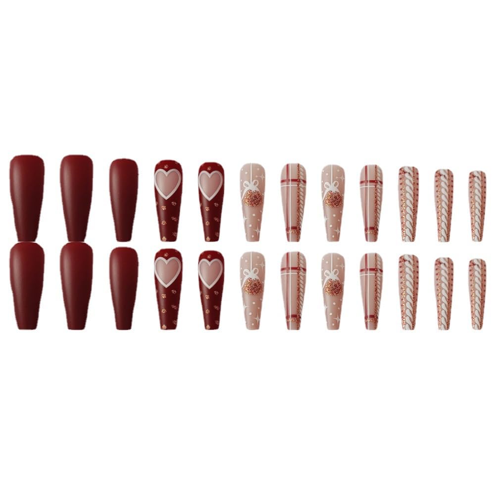 Christmas Bell Heart Stripe Glitter Nails - Red Coffin Design, Full Cover Square Artificial False Nails - 24 Pcs Winter Xmas Press On Nails for Women & Girls Manicure