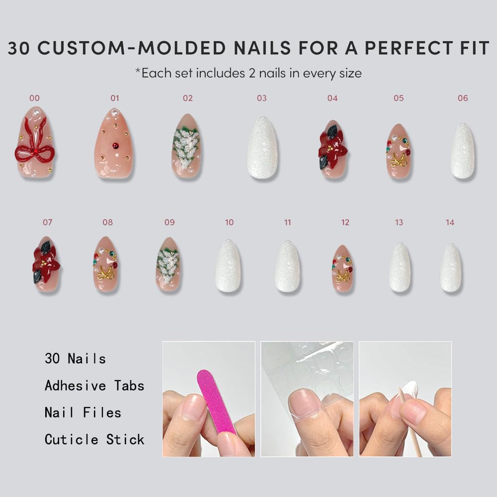 Christmas Press On Nails - MAGLFELL Handmade Almond Fake Nails, 3D Painting Floral and Trees, Bow and Gemstone Design, Reusable Artificial False Nails for Women 15 Sizes - 30Pcs Stick On Nails Kit