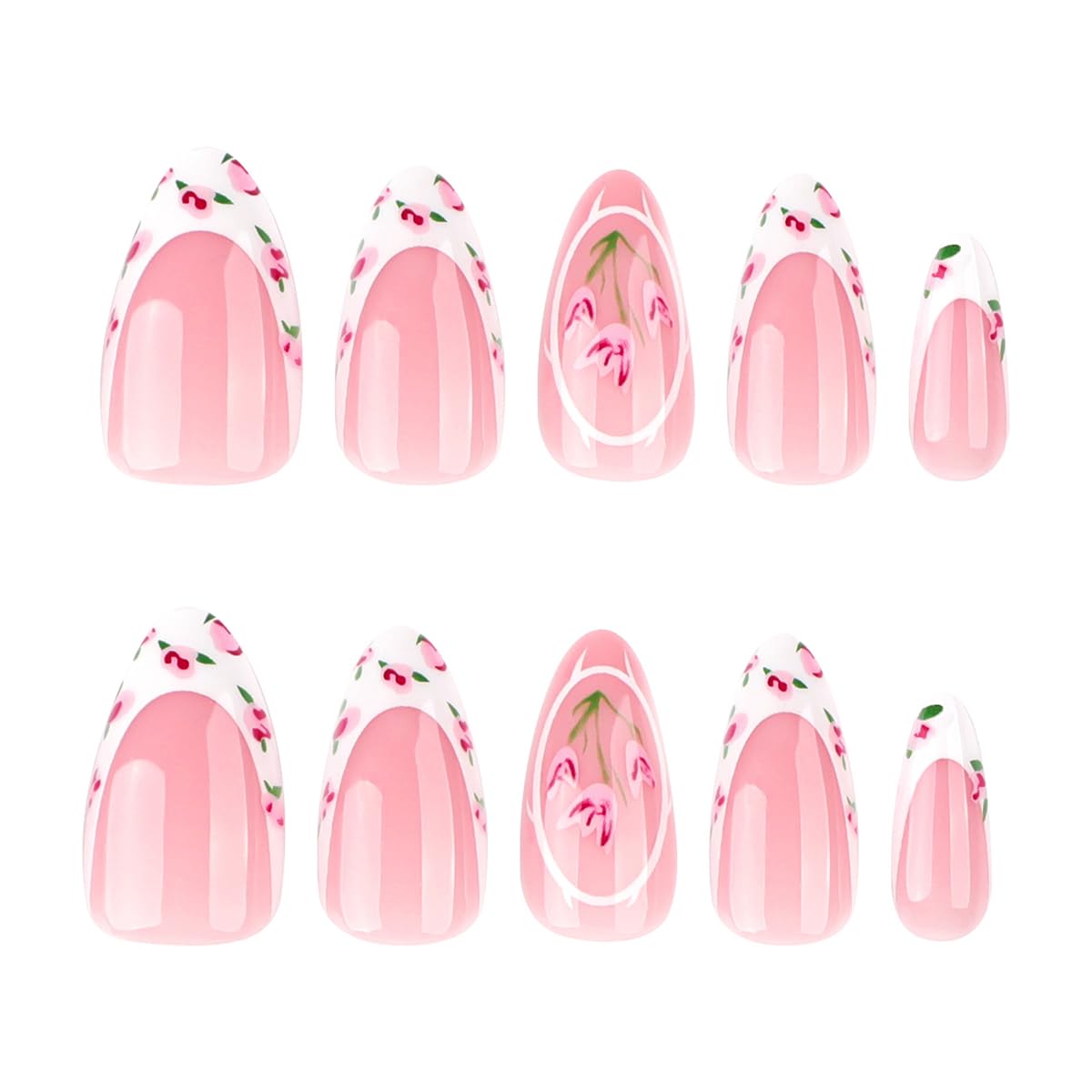 Almond Press On Nails - Summer Medium Nude pink white French with Tulip Floral Design Fake Nails Glossy Finished Reusable False Nails with Glue Tabs - 24Pcs Nail Kit for Women Manicure