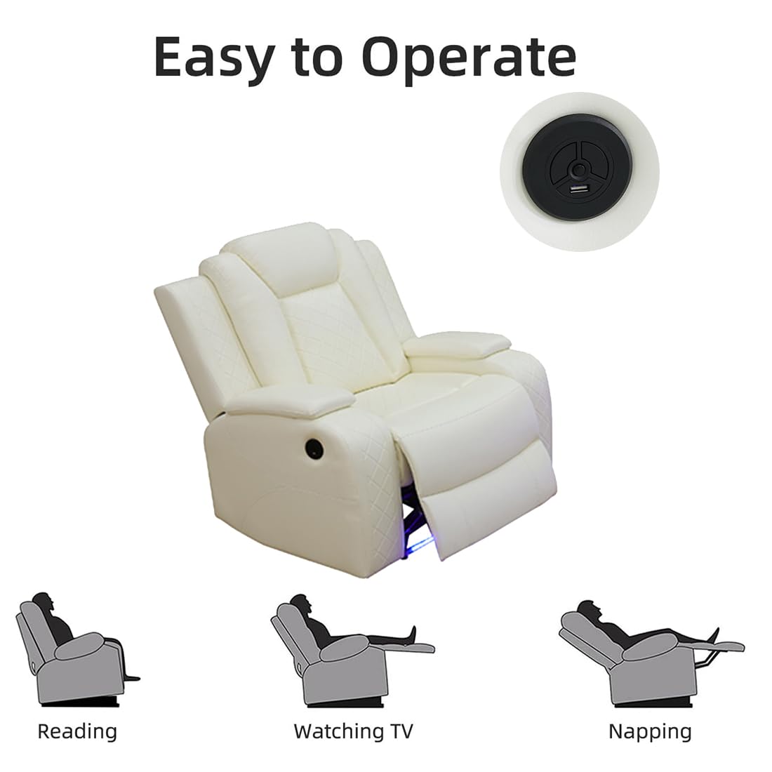 Toseslo Living Room Furniture Sets, Power Reclining Sofa Set, Vanilla White Leather 2 Recliner Sectional with LED Light, Power Recliner Sofa Sets with Cup Holder/Storage Console for Living Room