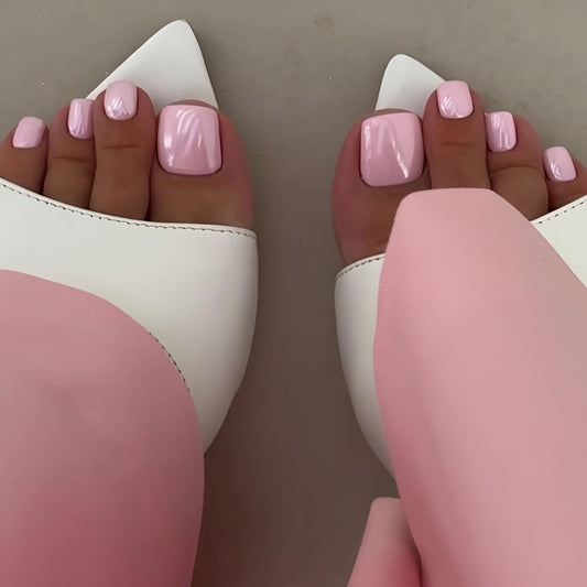 Pink Press on Toenails Short Square Fake Toe Nails Solid Color Toenail Press Ons Chrome False Toenails Pink Glossy Glue on Toe Nail Summer Acrylic Stick on Toenail for Women Decorations 24Pcs