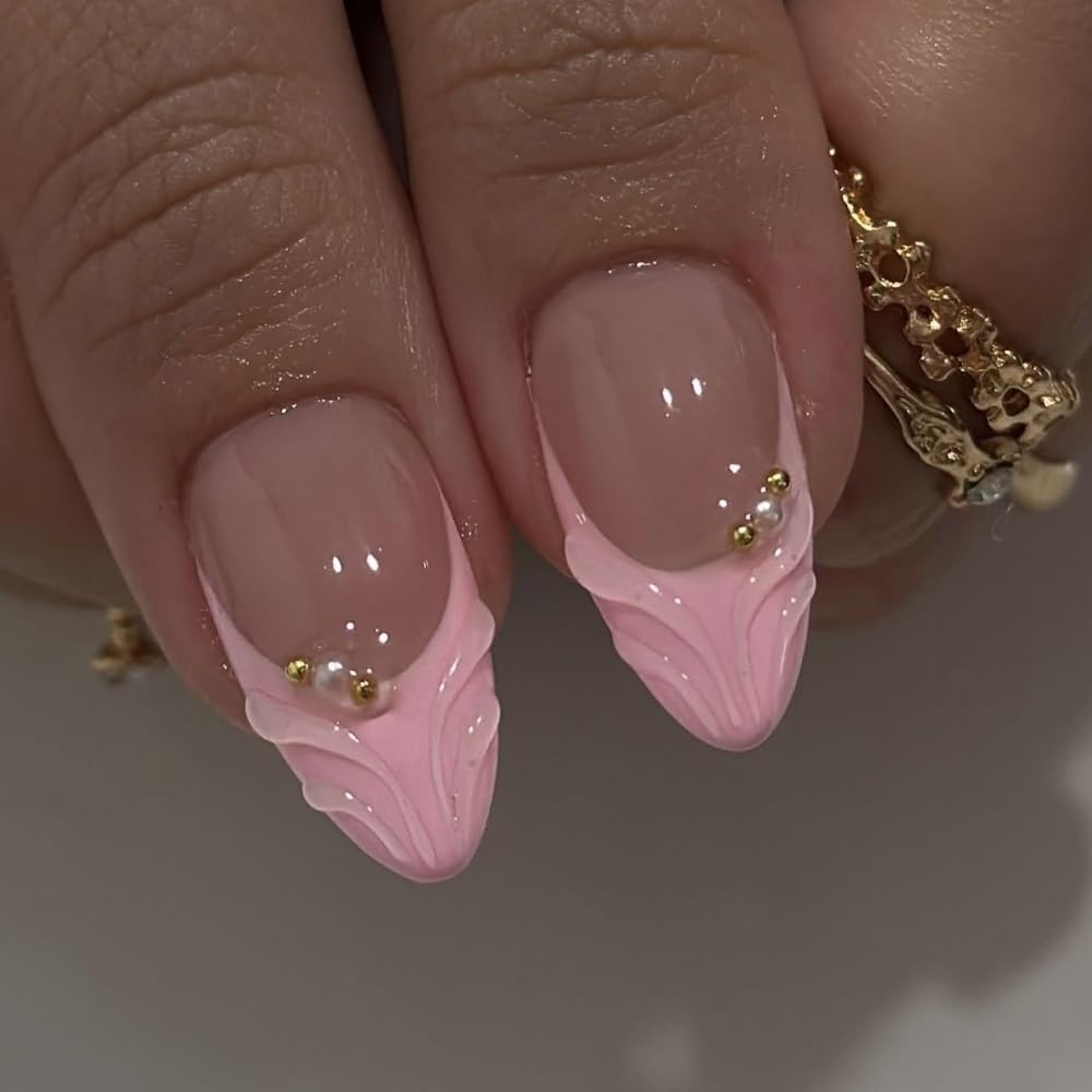 Almond Press on Nails Medium Nail Press on with 5D Pink Flower Charm Design Glossy White French Tips Acrylic Nails Rhinestones Pearl Fake Nails Spring Summer Glue on Nail for Women Manicure 24Pcs