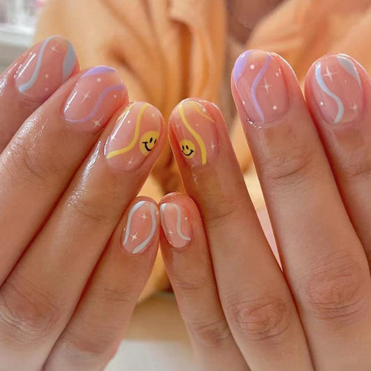 24 Pcs French Press on Nails Colored Lines Fake Nails Oval stick on Nail Short Glue on Nails with Acrylic Cute Smiley Face Design False Nails for Women Or Girl Manicure Ornament