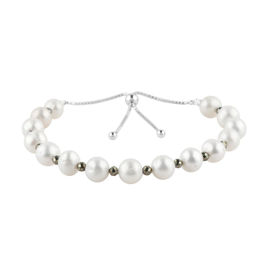 CRYSTALIS Natural Pyrite And Freshwater Pearl Beaded Bracelet, Elegant Beads Crystal, Chakra Bracelet, Healing Bracelet, Gemstone Jewelry, Friendship Bracelet, 925 Sterling Silver Slider 10 inch