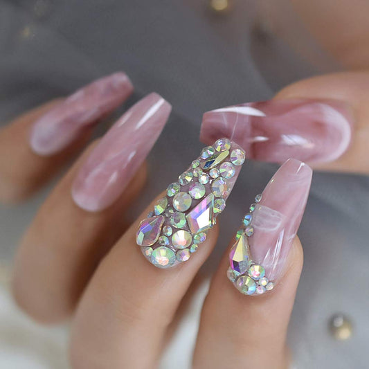 Marble Faux Ongles Large Pink Stones Pre-designed Luxurynails Extra Long Coffin Shape Ladies Party Wedding Decoration Accessories