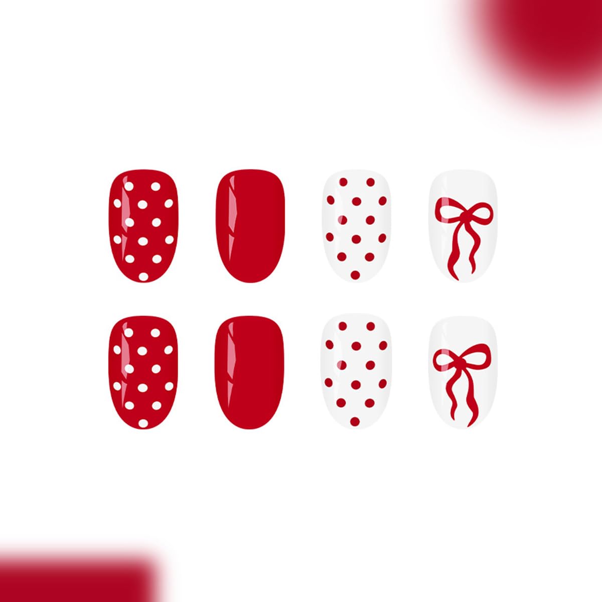 24Pcs Valentines Press on Nails Short Oval Fake Nails Red French False Nail Tip Kit with Bow Polka Dots Designs Sparkly Glossy Nude Glue on Nails Full Cover Acrylic Red White Stick on Nail for Women