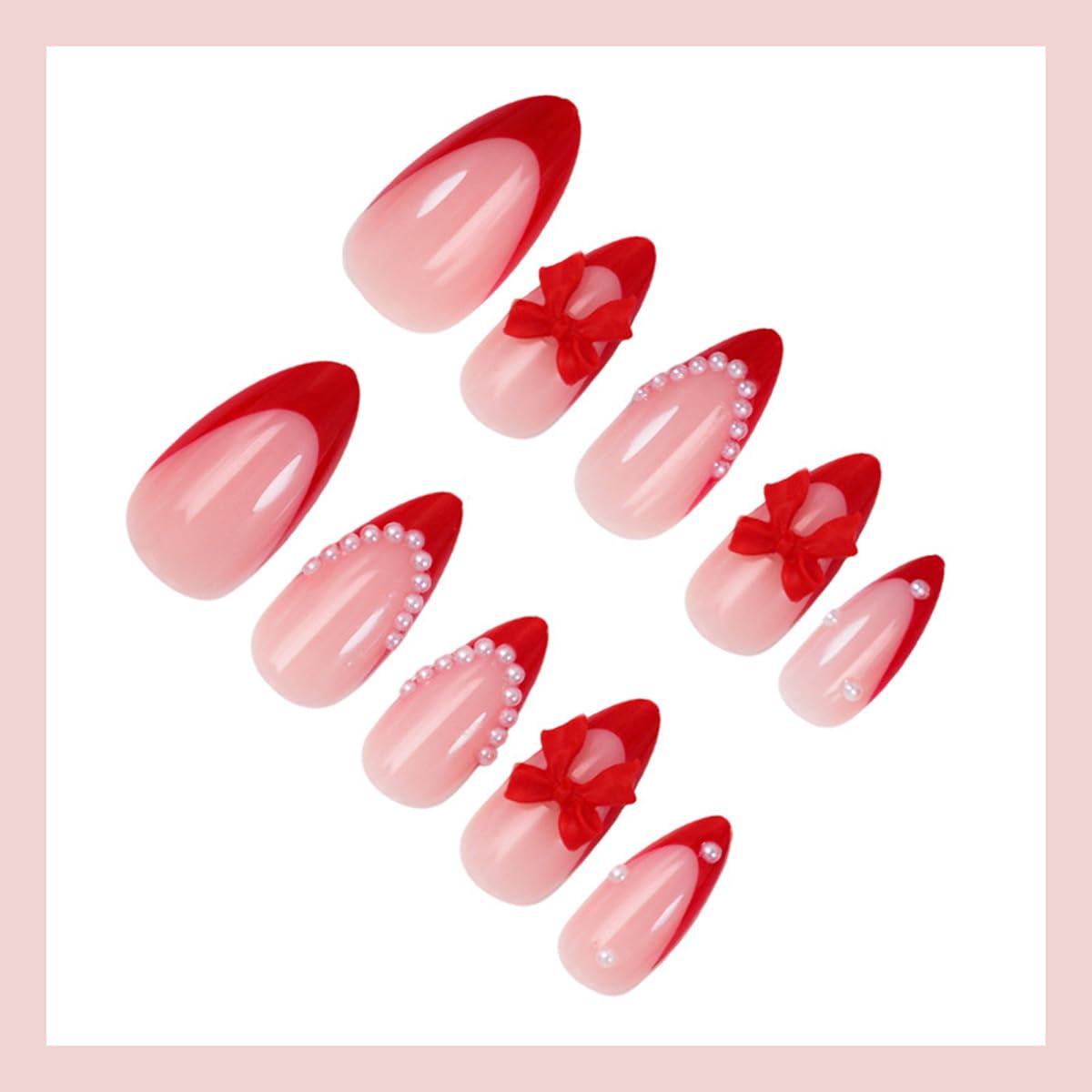 Red French Tip Press on Nails - Medium Almond Fake Nails with 3D Bow | Pearl Designs False Nails Reusable Glue on Nails Glossy Full Cover Stick on Nails for Women Manicure 24Pcs
