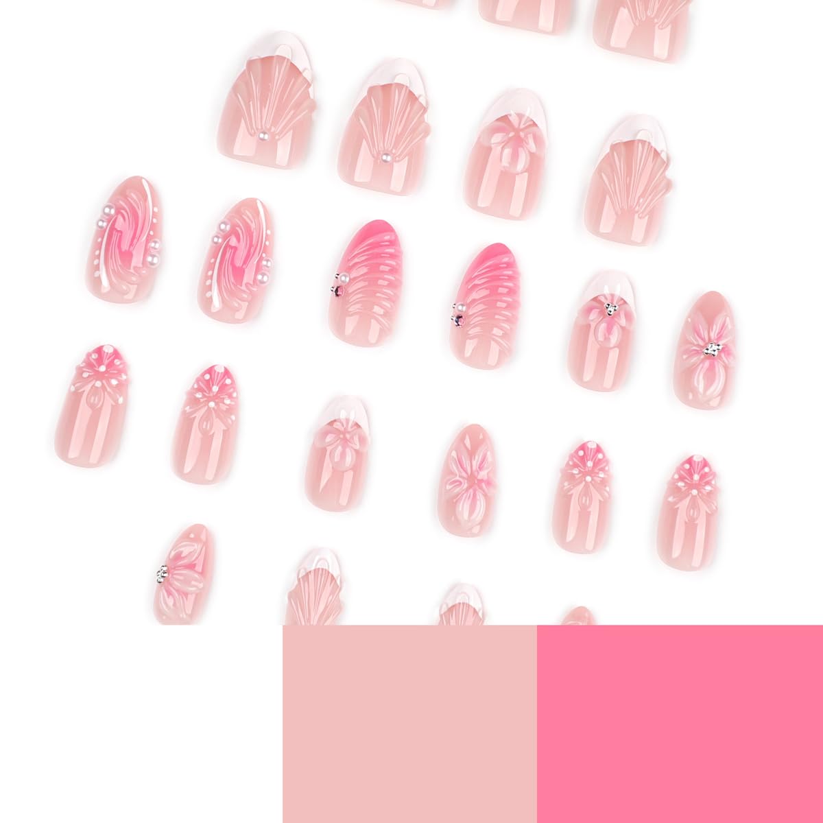 Short Almond Press On Nails - French Tip with Flower, Seashell & Pearls Design,24Pcs Reusable Manicure Kit for Women Girls