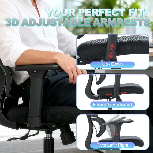 MALOL Ergonomic Office Chair with Adjustable Headrest & 3D Armrests, High Back Mesh Desk Chair with Lumbar Support, Reclining Lock 97°-125°, Swivel Computer Task Chair for Home Office, 300 LBS