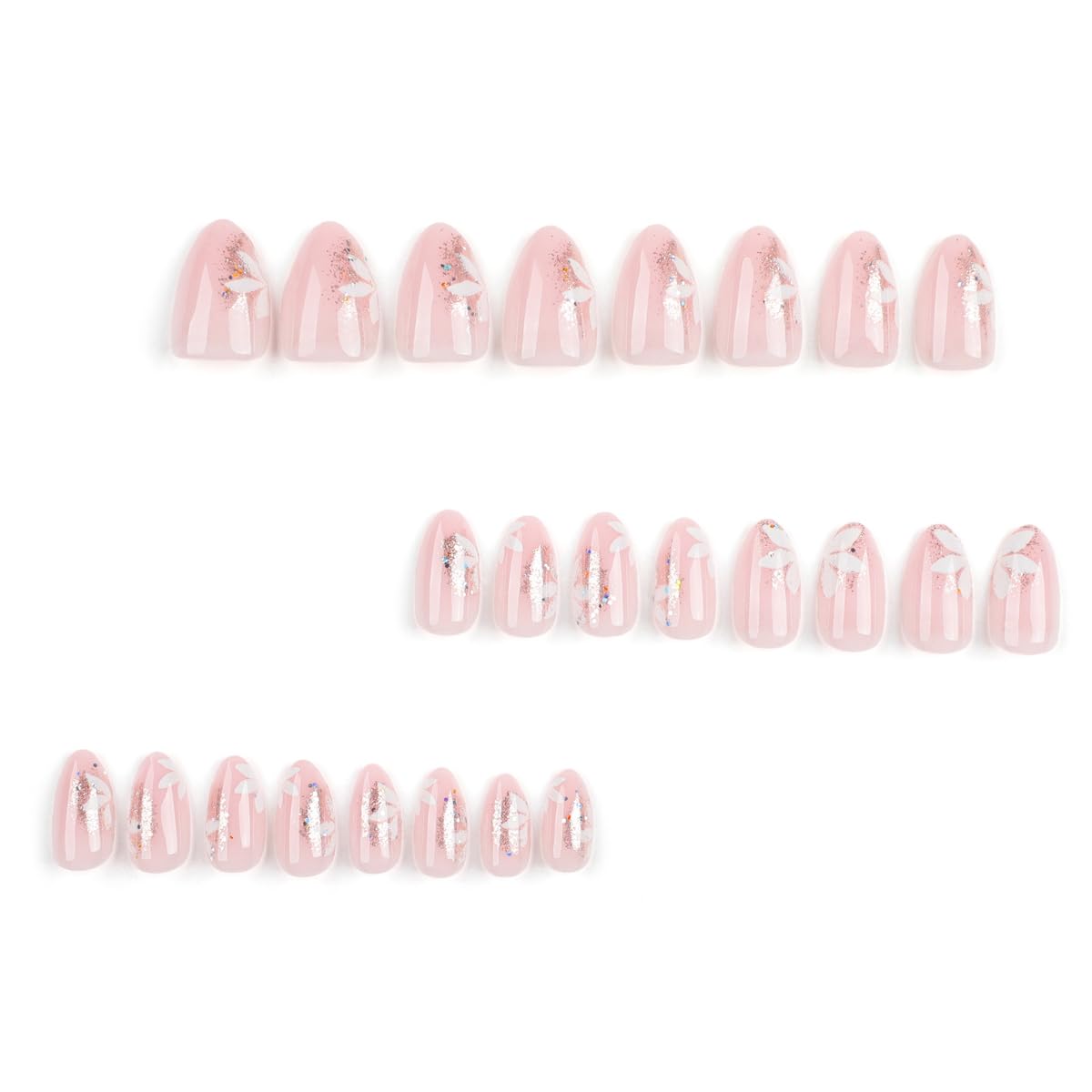 Flower Press on Nails Medium Almond Fake Nails Nude Nails Press ons with Floral Design,Reusable & Easy Apply Full Cover Stick on Nails for Women Girls Manicure 24Pcs