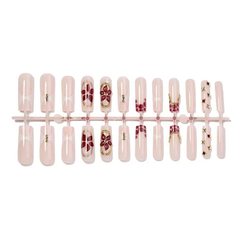 Long Coffin Press on Nails - Flower Fake Nails with Gold Line Design - Rhinestone, Elegant Full Cover Stick on False Nails for Women 24 Pcs