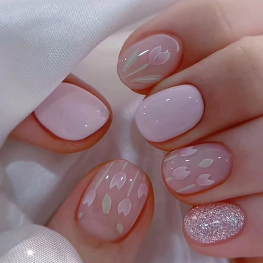 24Pcs Purple Flower Press on Nails Short Tulip Floral Square Fake Nails with Glitter Summer Exquisite Designs Pink Full Cover Glue on Nails Acrylic False Nails for Women Manicure Tips Decorations