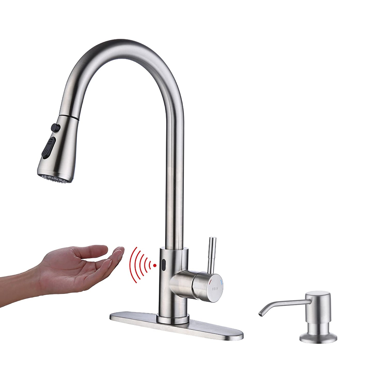 Touchless Kitchen Faucet with Pull Down Sprayer, Motion Sensor Kitchen Faucet with Kitchen Soap Dispenser, Single Kitchen Faucet High Arc Pull Out Faucet for Kitchen Sink RV，Brush Nickel