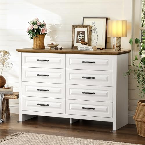 Marsail Farmhouse 8 Drawer Dresser, Wood Chest of Drawers with Natural Texture, Smooth Gliding Drawers, Versatile Storage Organizer Cabinet for Bedroom & Living Room, White and Brown