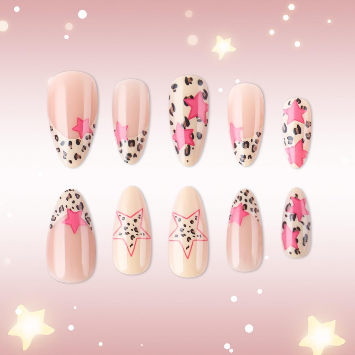 Leopard Print Press on Nails - Medium Almond Fake Nails Press ons with Pink Star Design, Leopard French Tip False Nails, Full Cover Stick on Nails for Women Manicure, Glossy Finish | 12 Sizes - 24 Pcs