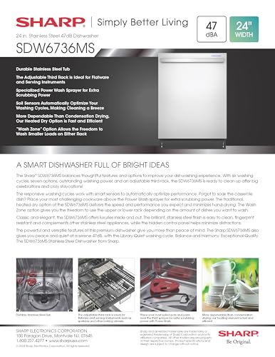 Sharp SDW6736MS 24-inch Stainless Steel Dishwasher, Third Rack, Library Quiet 47 dB, Power Wash Sprayer