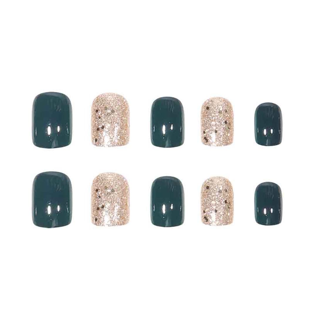 RikView Square Press On Nails - Short Fake Nails with Glitter Design, Glossy Finish - Green, 24 PCS