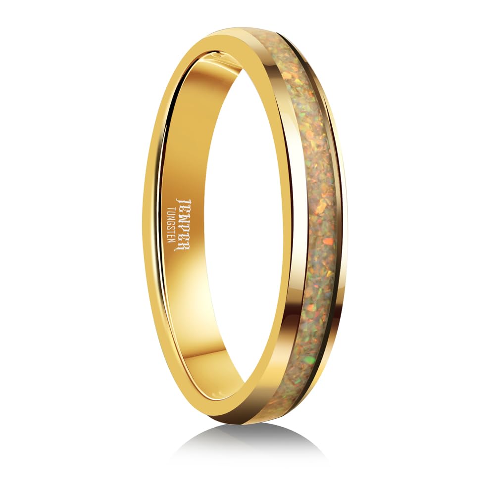 JEWPER 4mm Men Womens Wedding Band Tungsten Rings Gold Fashion Promise Carbide Inlaid White Opal Matte Finish Edge Comfort Fit Size(8)