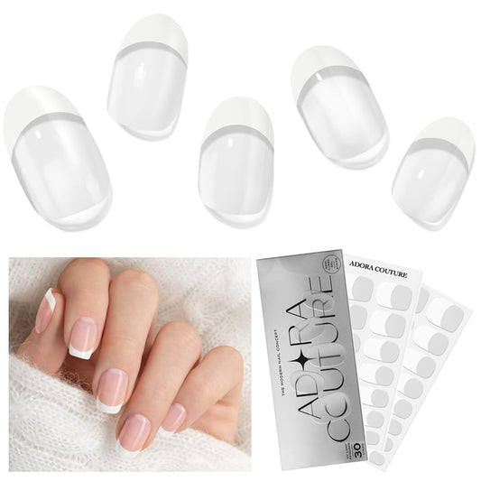 Semi Cured Gel Nail Strips with 30 Pieces–UV Gel Nail Stickers & Nail Wraps, Complete Manicure Kit Includes Prep Pads, Nail File and Wooden Stick, Easy Application, UV Light Required (White French 2B)