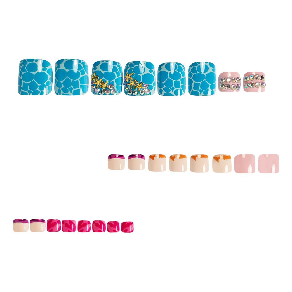 Summer Press on Toenails Sea Waves Fake Toe Nails Cute Ocean Acrylic Toenails with Gold Starfish Pearl Designs Beach Blue Artificial False Toe Nails for Women Girls Manicure Deco 24Pcs