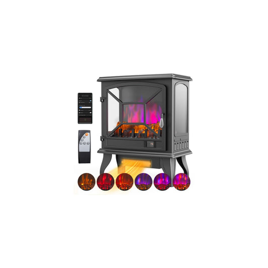 ROVSUN Electric Fireplace Stove, 23''H Freestanding Heater with Realistic Flame Effect, APP & Remote Control, Timer, Adjustable Temp, Overheat & Tip-Over Protection for Bedroom Living Room, 1400W
