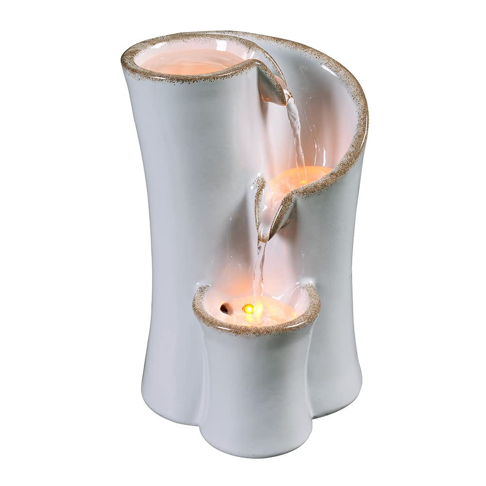 Haobos Indoor Water Fountain Imitation Ceramics Appearance Tabletop Fountain Relaxation Desktop Waterfall w/ 3 Reflective led, 9.8 Inch Tall Fountain (Grey)