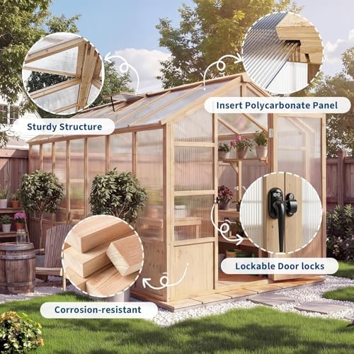 8X14 ft Outdoor Wooden Greenhouse with Lockable Door, Adjustable Roof Vent & Polycarbonate Panels, UV Protection, Large Cedar Wood Walk-in Green House for Garden, Backyard, Patio, Lawn, Light Brown