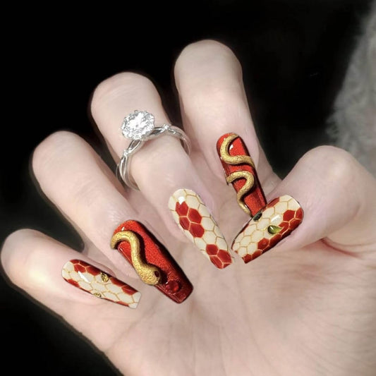 QQPPOLIU Red Press on Nails Coffin Shape Glue on Nails with Snake Pattern Design Fake Nails Long Nails Press Ons for Women and Girls 24Pcs