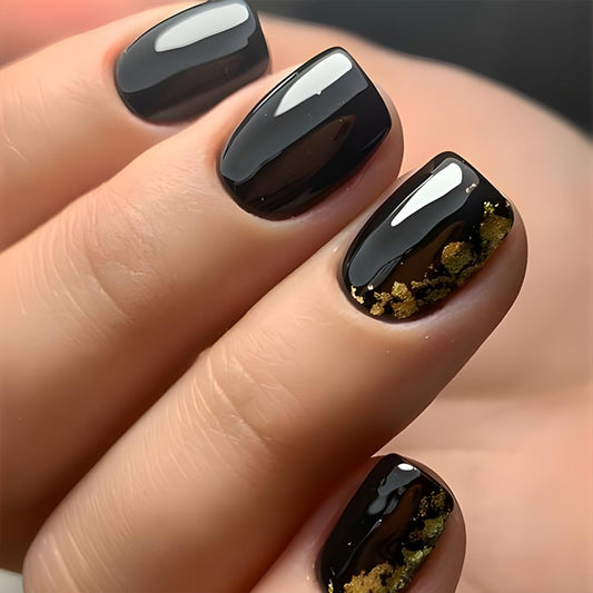 Black Press on Nails Short Square Fake Nails Gold Foil Glue on Nails Glossy Acrylic False Nails Reusable Manicure Art Nail Kit Black Full Cover Stick On Nail for Women 24Pcs