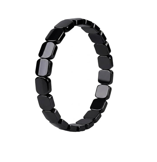 Jingming keji Mens Real Hematite Bracelet 7.8 inch - Natural Stone Square Beaded Black Jewelry with Strong Double Elastic Cord Wellness Power Bracelet with Gift Box