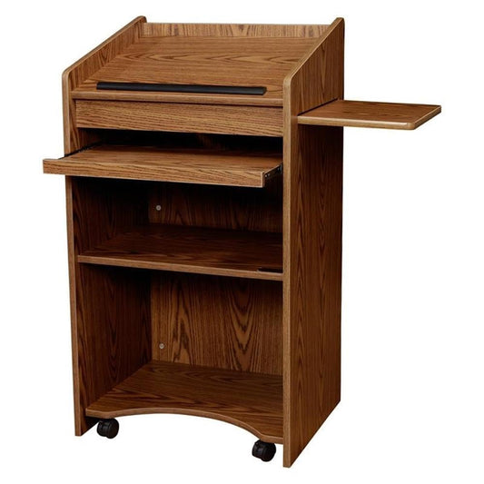 Pemberly Row Aristocrat Modern Wood Lectern, Non-Sound Podium with Slide-Out A/V Shelf & Storage, Medium Oak