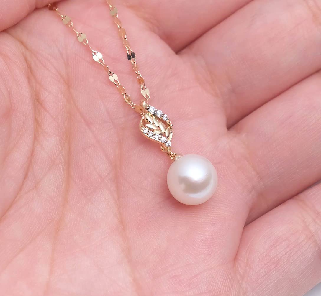 14K Gold Diamond Leaves Pearl Necklace (with 14k Gold Lip Chain) and Earrings set for Women