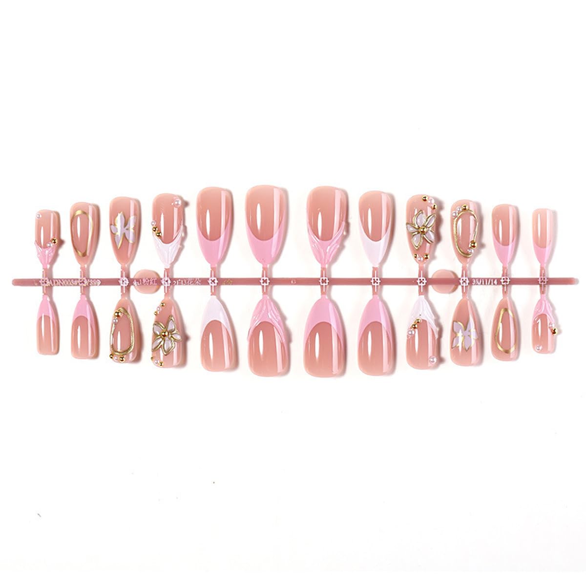 3D Wave French Tip Press on Nails - Medium Almond Fake Nails with Gold Flower | Line | Pearl Designs False Nails Spring Glue on Nails Full Cover Stick on Nails for Women Manicure 24Pcs