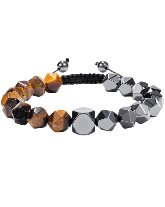 Beaded Bracelet for Men, 10mm Natural Stones Bracelet for Men's Gift, Adjustable Precision-Cut Gemstone Crystal Healing Bracelet, Protection Jewelry Gift with Hematite, Tiger Eye (Tiger Eye & Hematite)