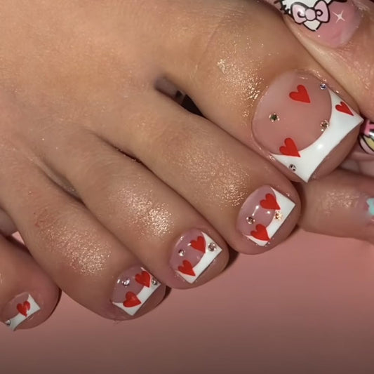 White French Press on Toenails Short Square Fake Toenails Red Heart Toe Nail Tips French with Rhinestones False Toenails Full Cover Glossy Valentine's Day Decorations for Women 24Pcs