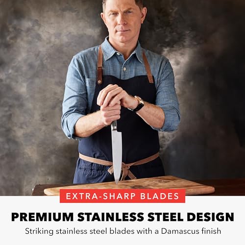 GreenPan x Bobby Flay 13 Piece Stainless Steel Cutlery Kitchen Knife Block Set, Premium Stainless Steel Blades, Acacia Wood Knife Block, Hand Finished Ergonomic Wood Handle, Damascus Steel Design
