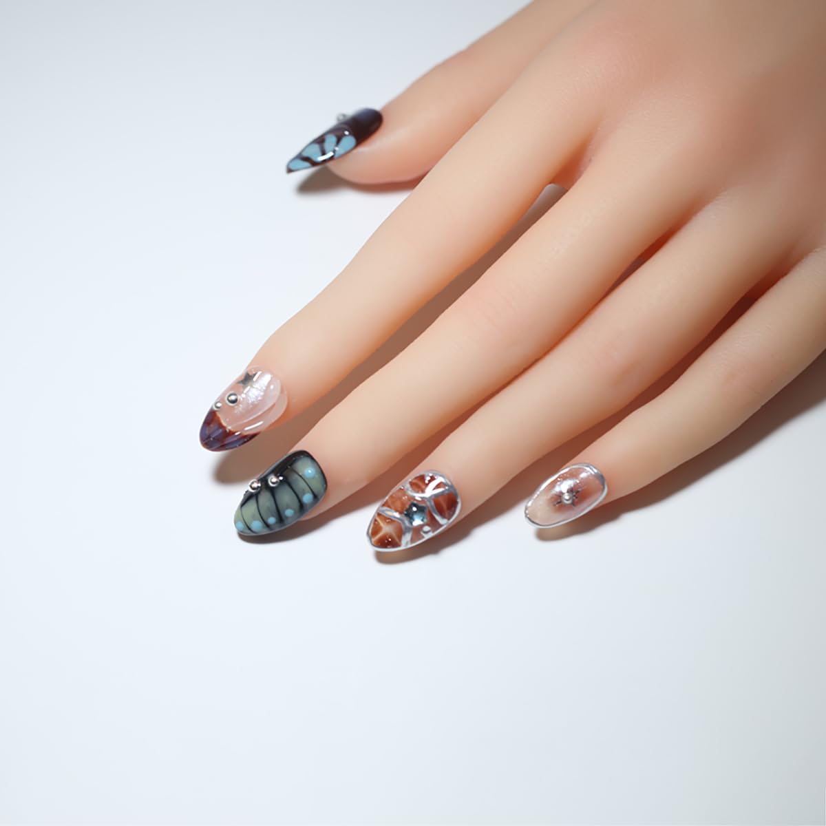 10 Short Almond Handmade Press On Nails | 3D Floral Dopamine Sweet & Edgy Design with Snake Pattern, Marbling & Silver Gilding | Skip Salon Trips, Easy to Apply & Remove, Reusable(251112, M)