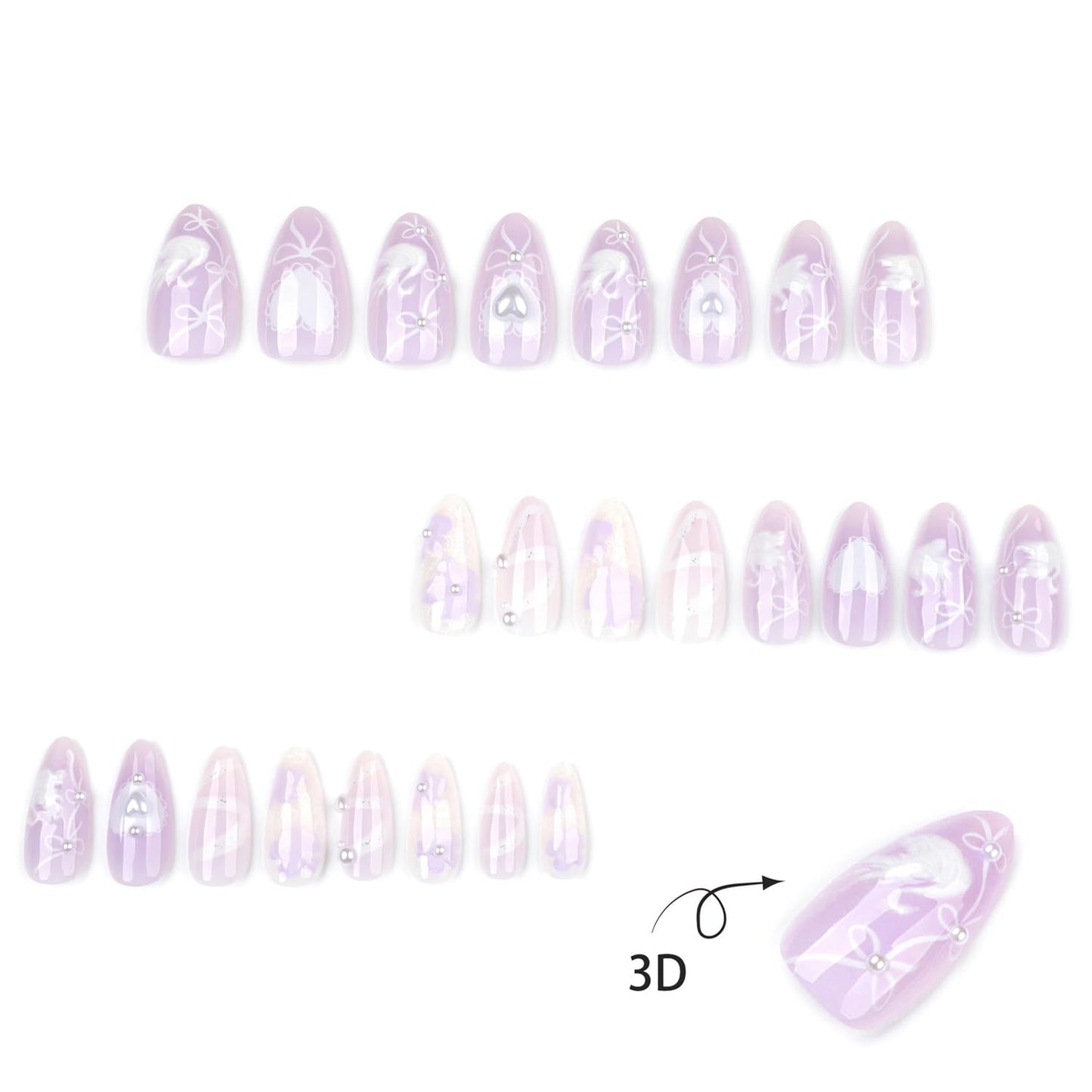 3D White Swan Press on Nails Short Almond Fake Nails Cute Flowers False Nails with Peals Charms Designs Nails White Bow Heart Acrylic Nails Purple Full Cover Stick on Nails for Women Nails Decor 24Pcs
