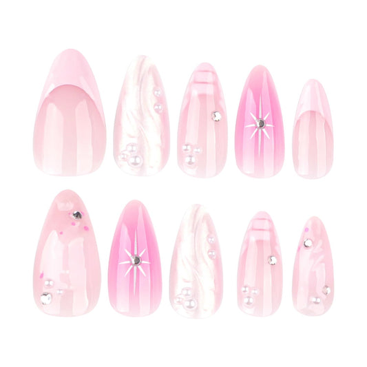 Pink Press on Nails Medium Almond Fake Nails 3D French Tip Water Ripple Artificial Glue on Nails with Rhinestone Pearl Charms Design Shiny Star False Nails Full Cover Stick on Nails for Women 24Pcs