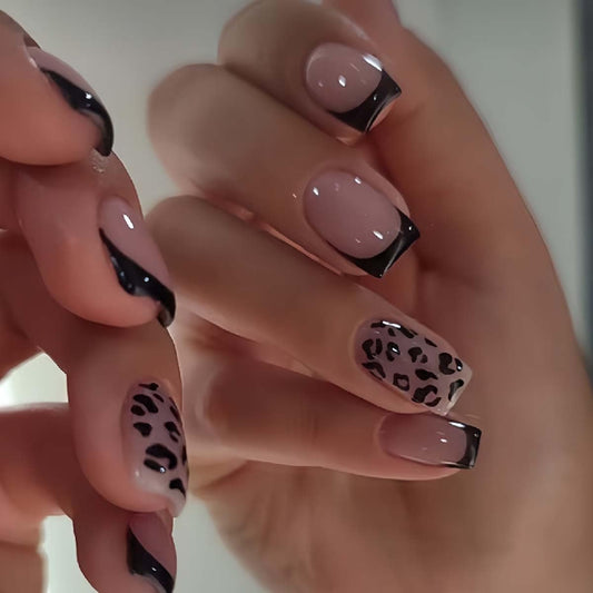 LINMEIZAI Leopard Press on Nails Short Square, Black French Tip Fake Nails Glue on Nails Fake Nails Press ons Cute Glossy Acrylic Nail Kit for Women Girls, False Nails Manicure 24 Pcs