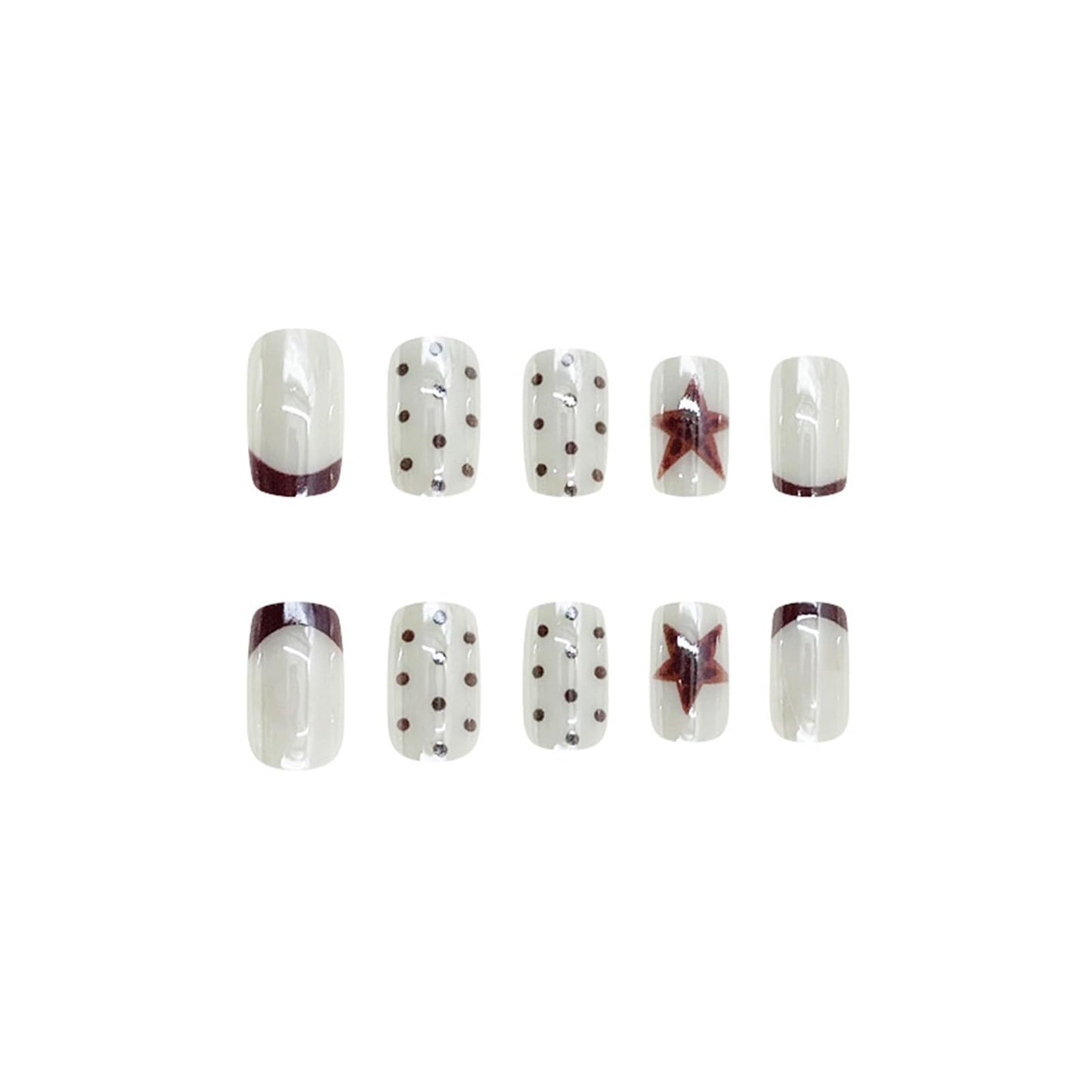 SINHOT Coffin Press on Nails - Medium Fake Nails, Glossy Finish, Polka Dot & Brown Star, Reusable Artificial False Nail Art - 24 Pcs Nail Kit with Glue