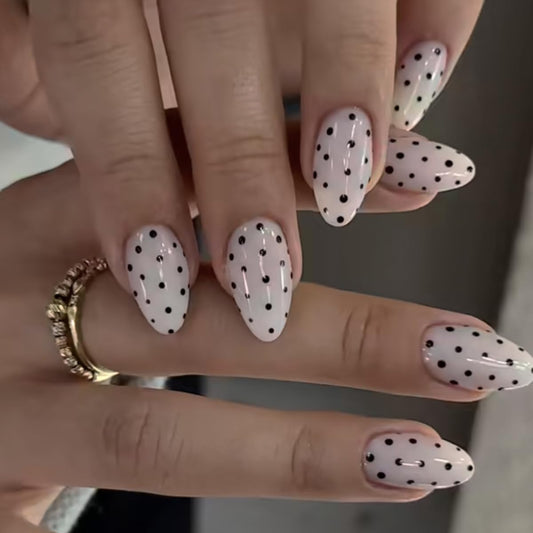 SYPAFG Medium Almond Press on Nails - White Polka Dot with Black Dots, Full Cover Glossy Fake Nails 24PCS for Women