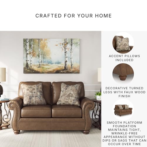 Signature Design by Ashley Shadsburne Rustic Faux Leather Loveseat with Nailhead Trim and 2 Throw Pillows, Brown