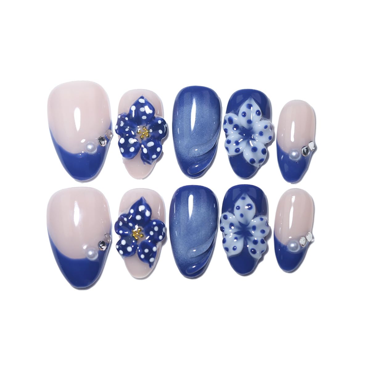 10Pcs Short Almond Handmade Press On Nails | Nude Pink & Royal Blue French Tip with 3D Floral, Pearl & Rhinestone Decor | Reusable Salon-Quality Fake Nails for Women and Girls(PZ02, XS)
