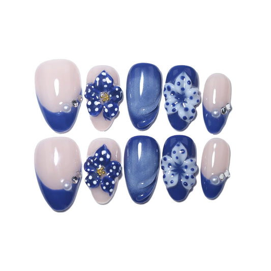 10Pcs Short Almond Handmade Press On Nails | Nude Pink & Royal Blue French Tip with 3D Floral, Pearl & Rhinestone Decor | Reusable Salon-Quality Fake Nails for Women and Girls (PZ02, S)