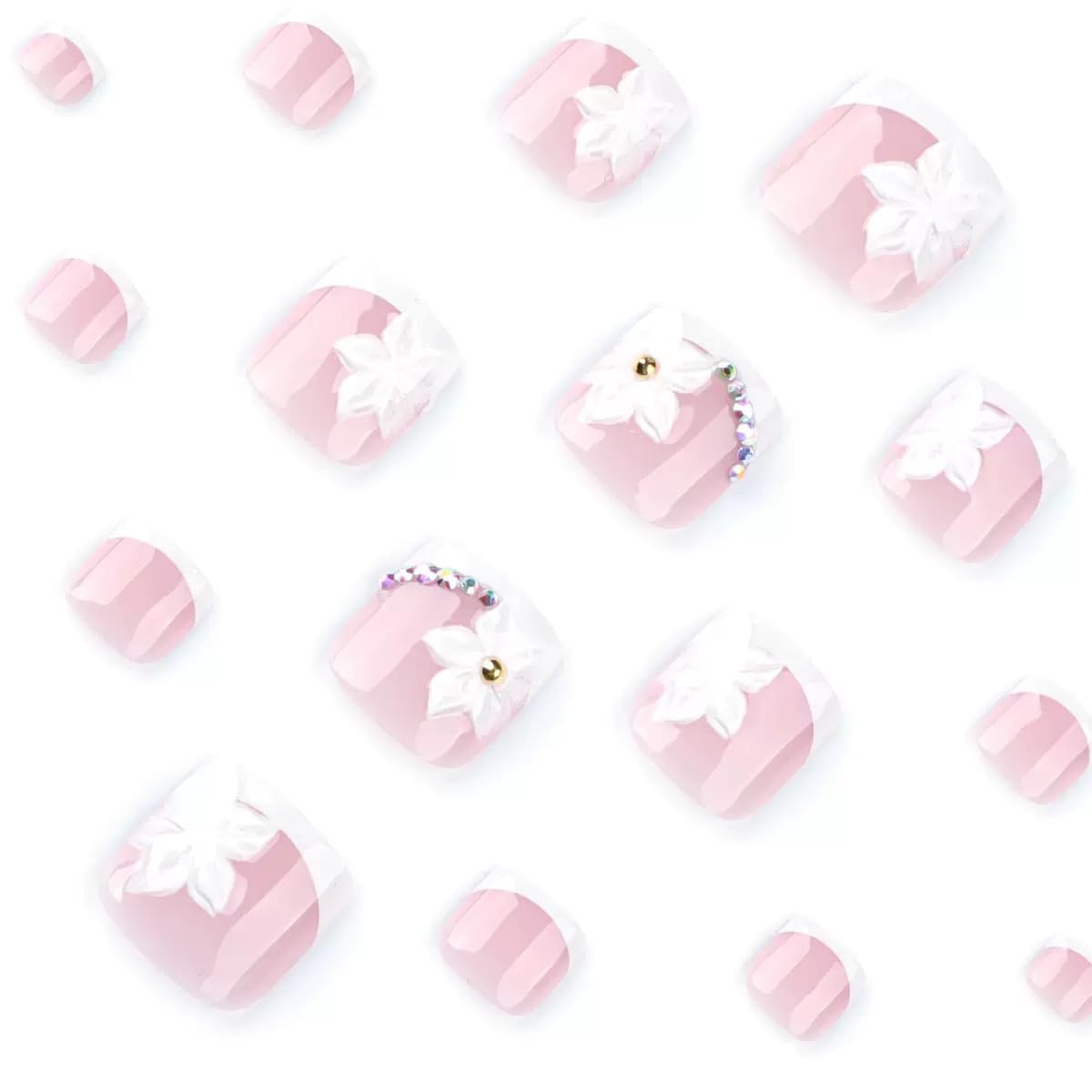 White French Tip Press on Toenails - Short Square Fake Toenails with Flwoer Design - Rhinestone, Summer Press on Toe Nails - for Women 24 Pcs