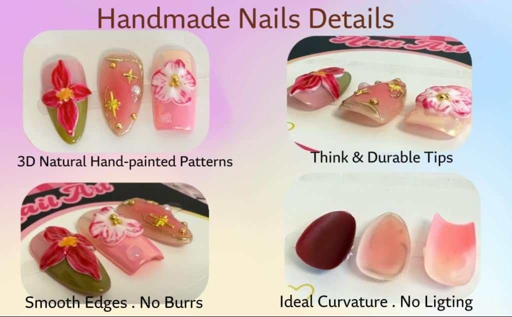 Haozerart Handmade Long Stiletto Press On Nails with Glue Kit, Blue French 3D Floral Fake Nails, Reusable Salon Nails for Women, 10Pcs M Size
